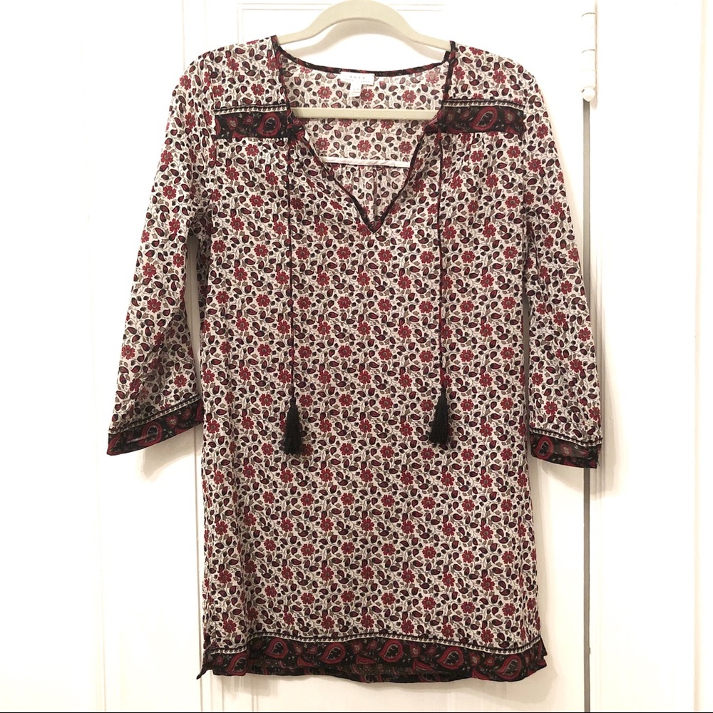 Soft Joie red floral cotton bohemian tunic top with tassels size small XS